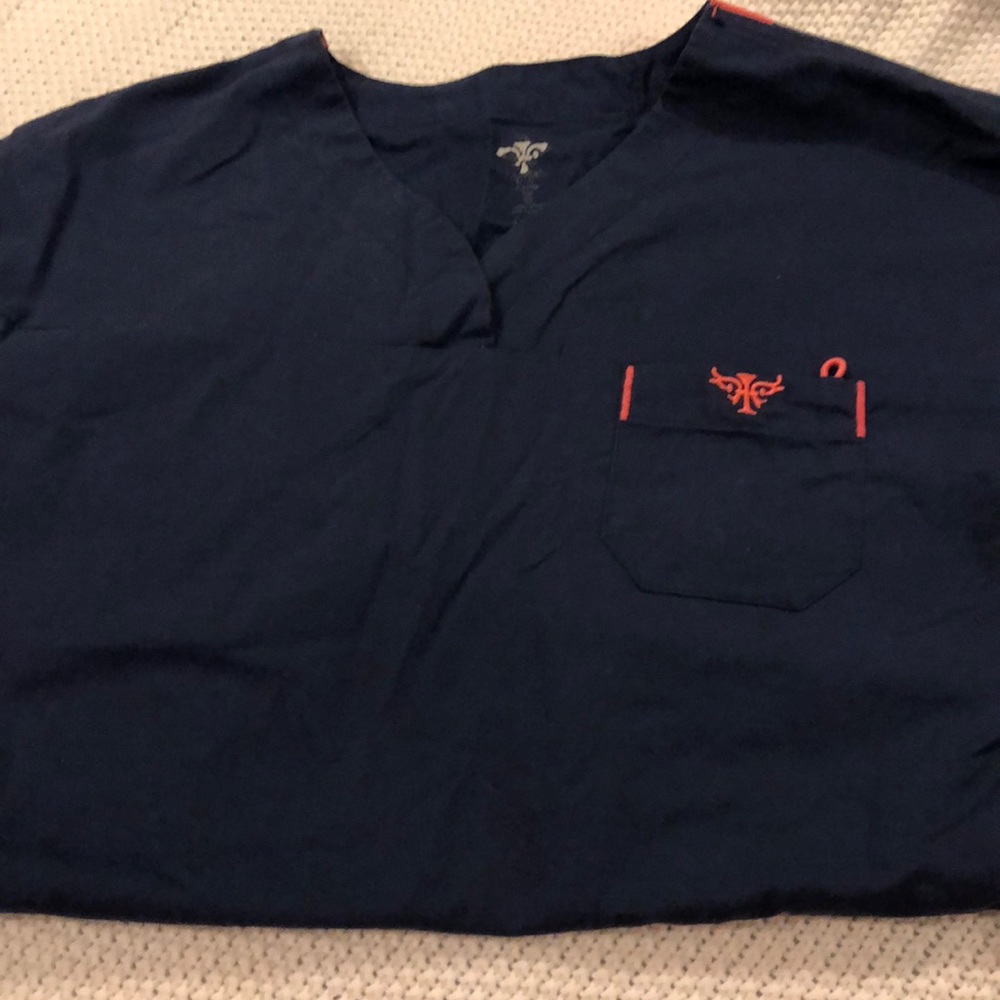 Med Couture Medium Scrub Top Navy and Coral